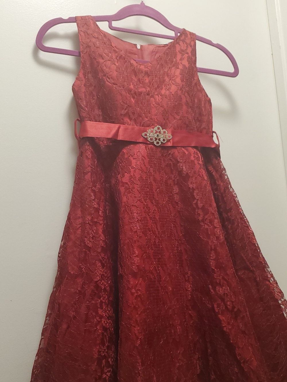 Girls' Red Lace Party Dress with Satin Belt